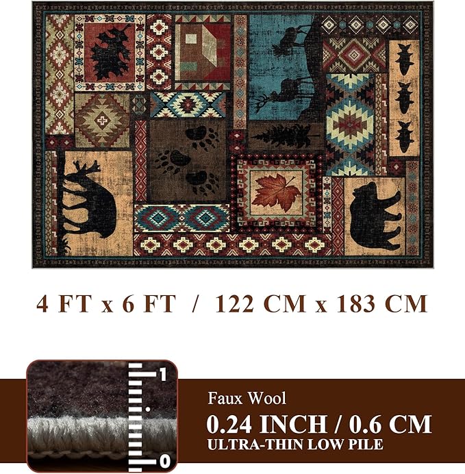 Rustic Cabin Area Rug 4x6, Machine Washable Lodge Bear Rug, Non-Slip Low Pile - Image 2