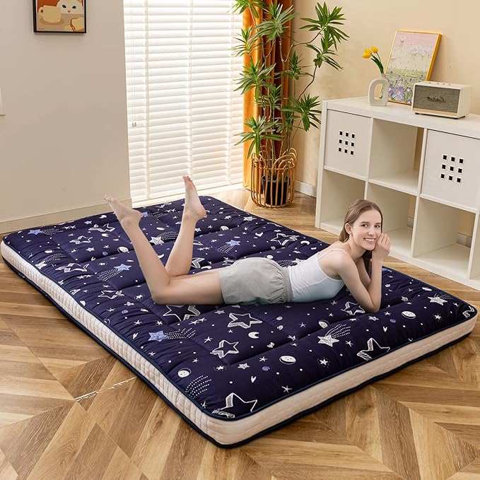 MAXYOYO Navy Star Futon Mattress, Padded Japanese Floor Mattress Quilted Bed Mattress Topper, Extra Thick Folding Sleeping Pad Breathable Floor Lounger Guest Bed for Camping Couch, Queen