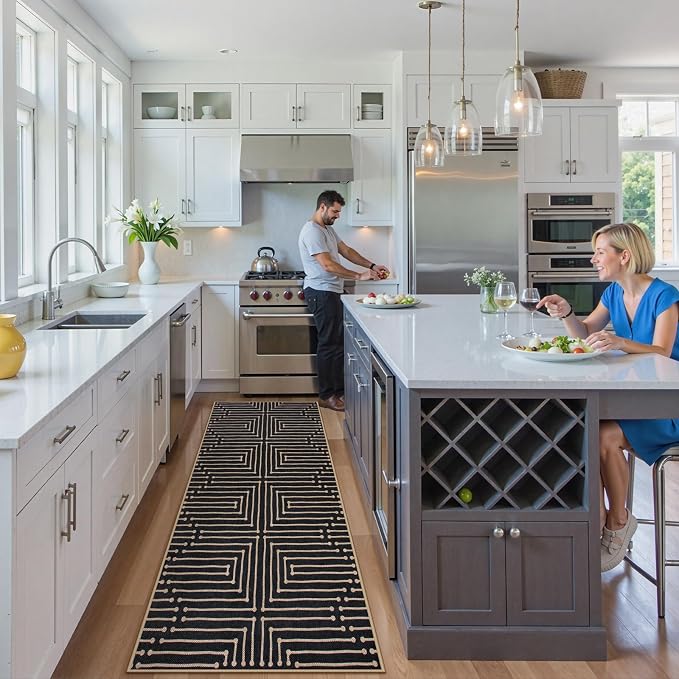 Lahome Maze Lines Washable Kitchen Runner Rug, 2x8 Black Outdoor Runner Rug | - Image 7