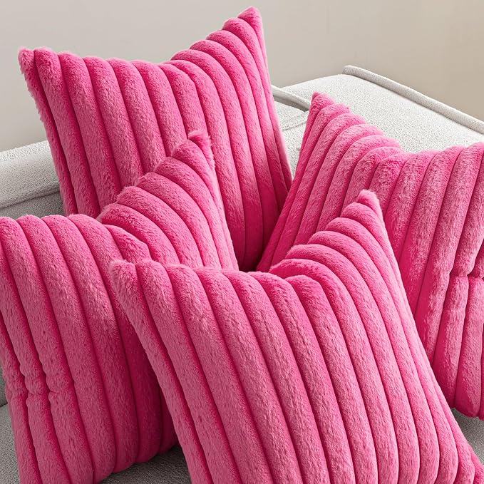 MIULEE Faux Fur Plush Decorative Throw Pillow Covers 18x18, Hot Pink | Set of 4 - Image 5