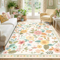 RELEANY Floral Washable 5x7 Area Rugs Beige/White/Orange | Flower Carpet Print by RELEANY