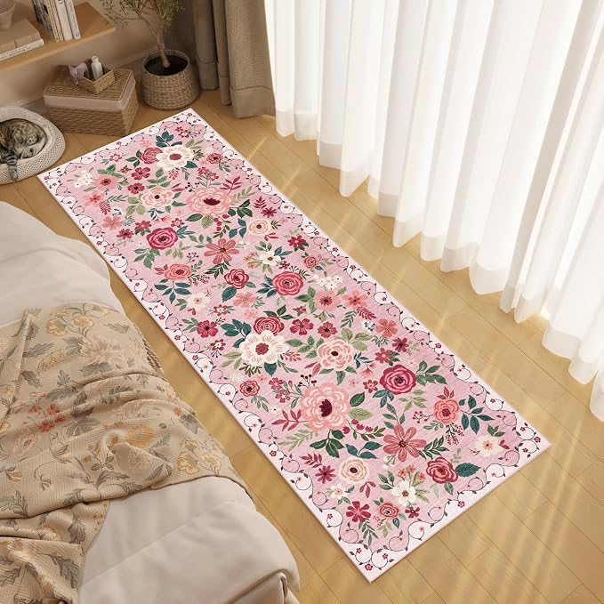 DUKINO 2x10 Runner Rug, Floral Washable Kitchen Runner Rug Non Slip, Low Pile by DUKINO