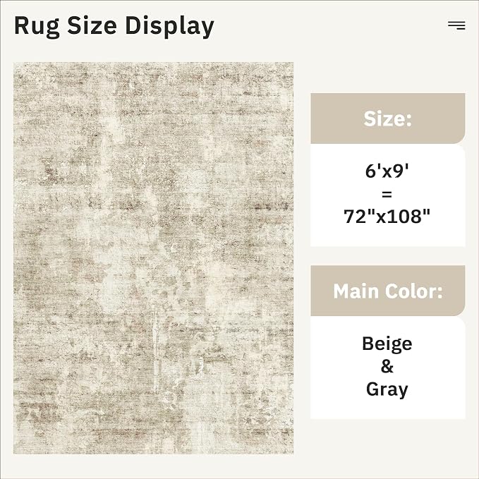 Soalmost Abstract Area Rug 6x9 for Living Room Washable Rugs Beige/Gray | - Image 4