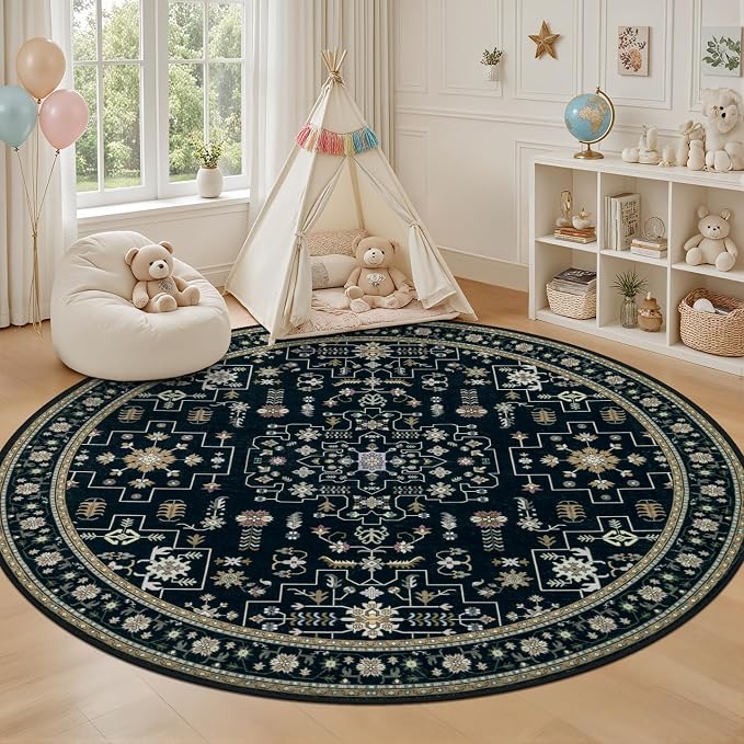 Round Area Rug for Living Room: 6ft Washable Rug for Bedroom Black | Vintage - Image 5