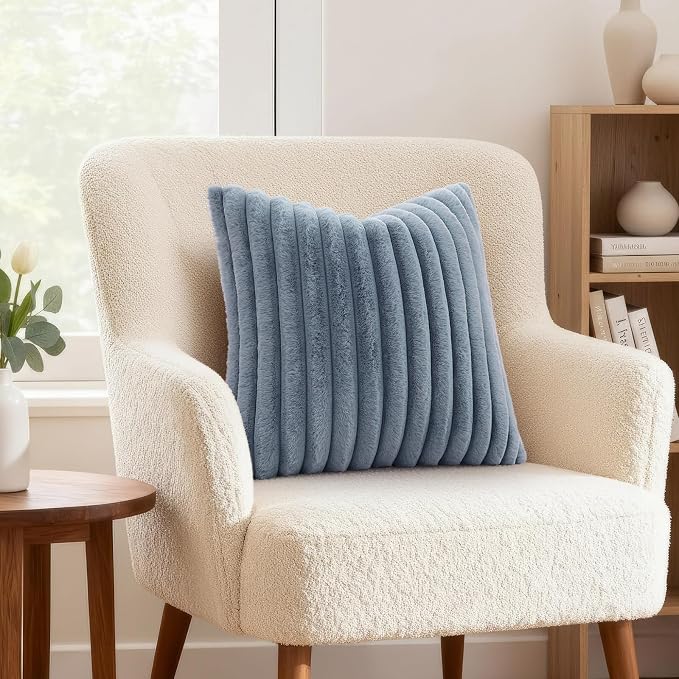 decorUhome Fall Faux Fur Throw Pillow Covers 18x18 Set of 2 Grey Blue | - Image 4