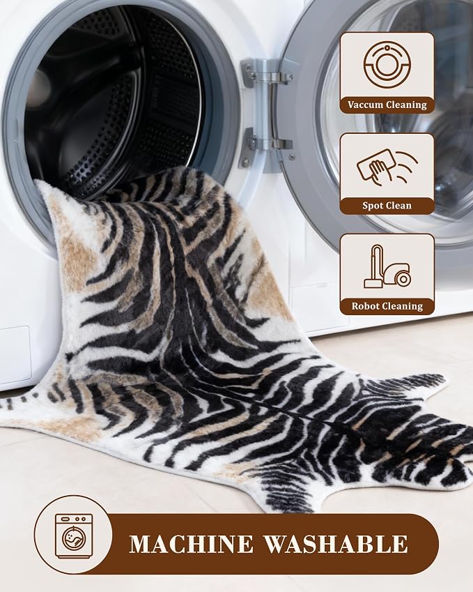 Zebra Print Rug for Living Room, Faux Fur Zebra Hide 6.2x8.2 Feet Animal Skin - Image 3