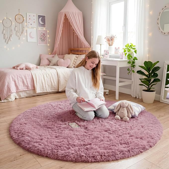 Amdrebio Mauve Pink Round Fluffy Rug 4Ft - Image 2