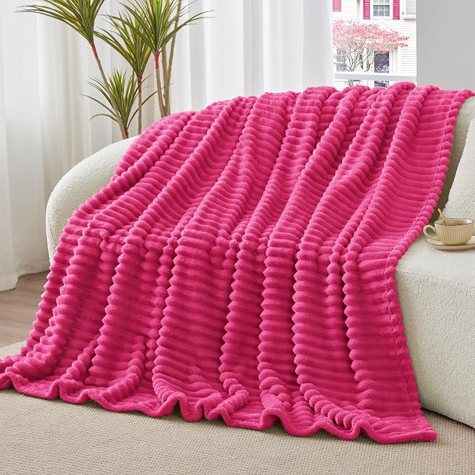 BEDELITE Striped Fleece Throw Blanket, Hot Pink, Soft Cozy, Lightweight Warm - Image 3