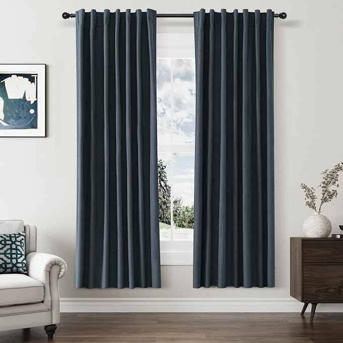 Vintage Blue 100% Blackout Linen Curtains 72 Inch Length 2 Panels Set by Guken