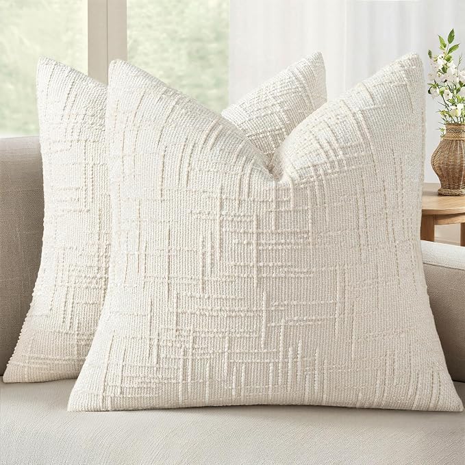 MIULEE Chenille Textured Euro Pillow Covers Cream White 22x22 Set of 2 | Slubby by MIULEE