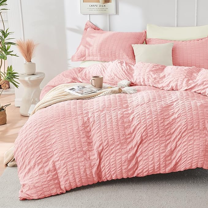 HYMOKEGE Pink/Ivory Twin XL Comforter Set Seersucker 5 Pieces, All Season Luxury Bed in a Bag for Bedroom, Bedding Set with Comforter, Sheets, Pillowcase & Sham