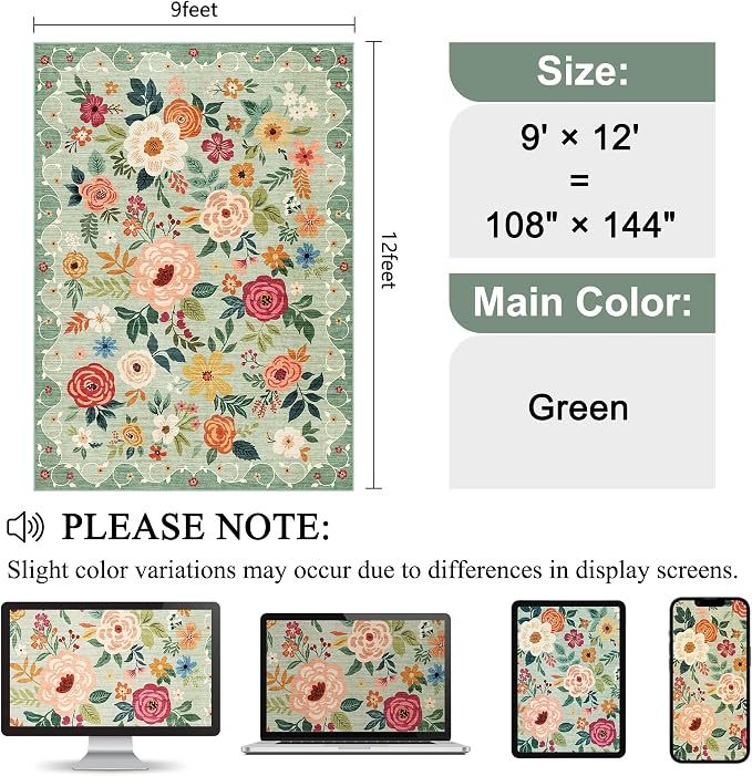 DUKINO 9x12 Area Rug for Living Room, Floral Washable Rug Non Slip, Low Pile - Image 2