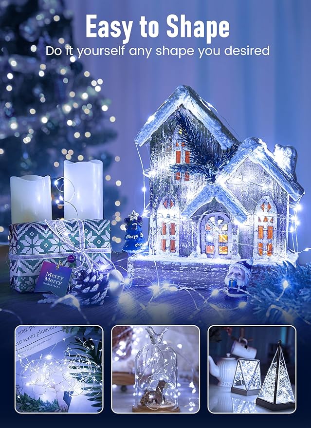 Minetom Fairy Lights Battery Operated, 2 Pack 33FT 100 LEDs Mini Battery Powered String Lights, Waterproof Twinkle Lights Mason Jar Lights for Indoor Home Wedding Christmas Decoration, Pure White