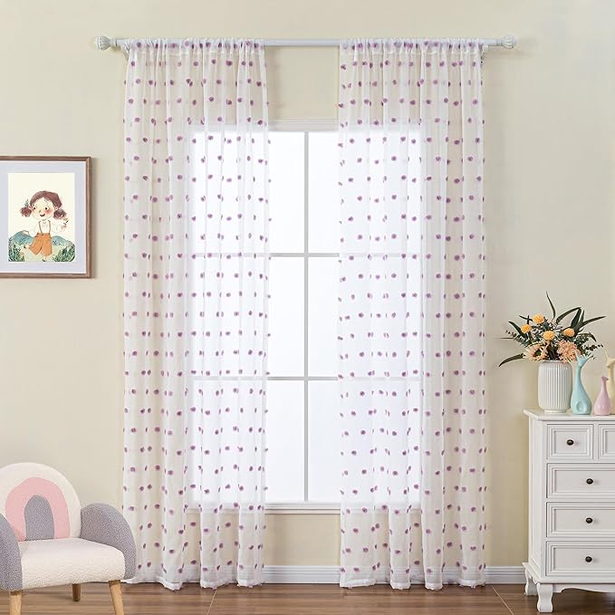 MYSKY HOME Purple Curtains for Girls Bedroom 90 Inch Long White Sheer Curtains with Lilac Pom Pom for Living Room Nursery Curtains 2 Panels Light Filtering Rod Pocket Semi Window Drapes 52 x 90 inch
