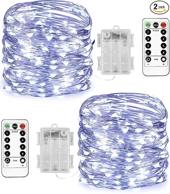 Homemory 2 Pack 20 Ft 60 LED Fairy Lights Battery Operated String Lights with Remote Waterproof 8 Modes Firefly Twinkle Christmas Lights for Christma Tree Wreath Decorations(Cool White)