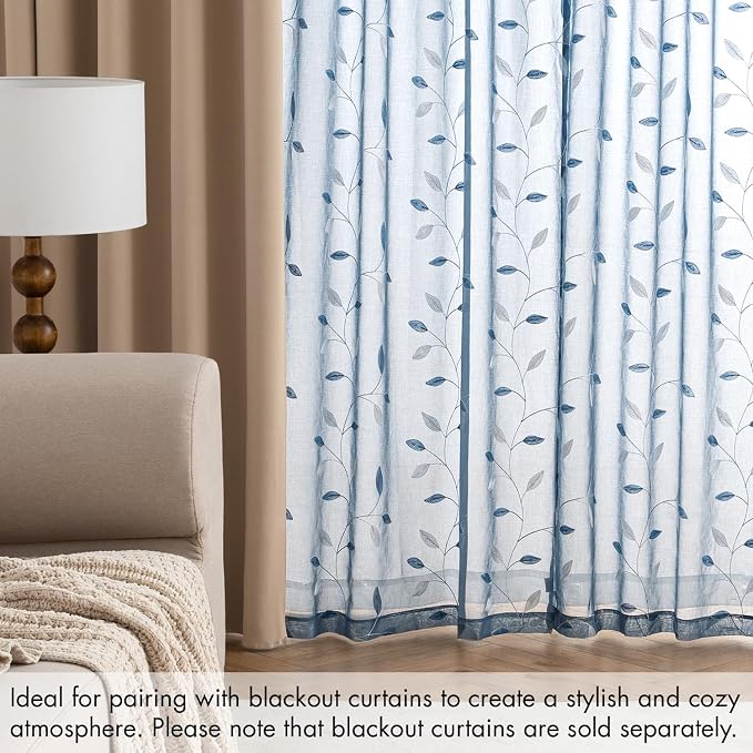 MIULEE Stone Blue Sheer Curtains 2 Panels Leaf Patterned, W52 x L96 | - Image 7
