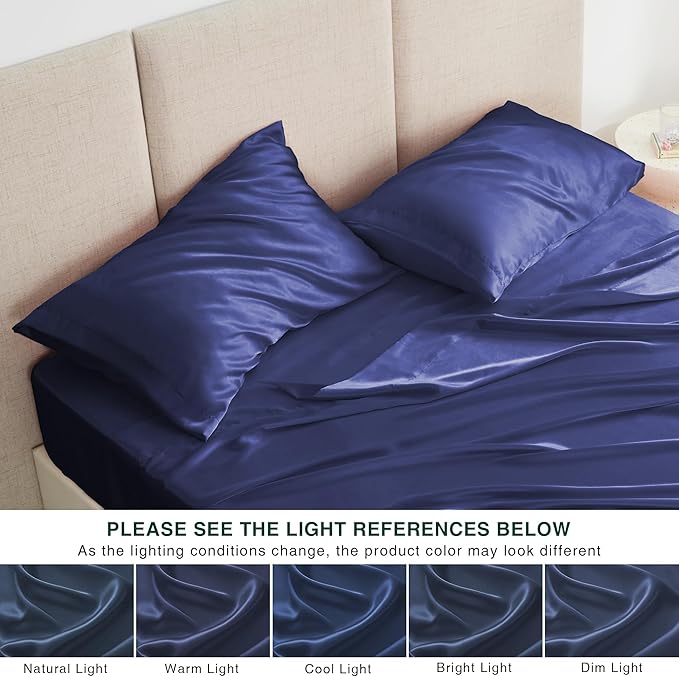 Love's cabin Twin Satin Sheet Sets - 3 Piece Navy Blue Silky Bed Sheets Twin with Deep Pockets, Luxury Silk Feel Satin Sheet Set Bedding Set (1 Flat Sheet,1 Fitted Sheet,1 Pillow case)
