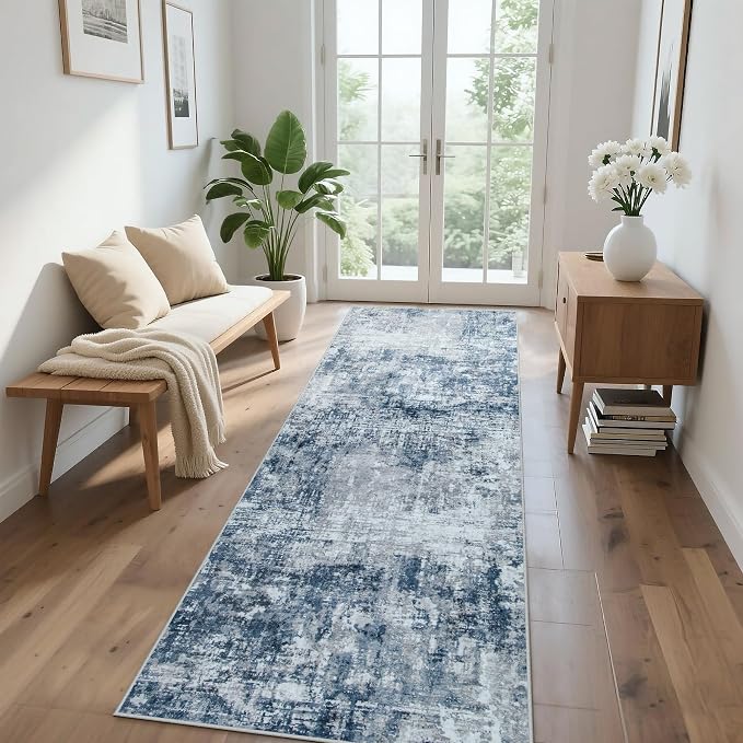 Aelenmu Runner Rugs for Hallways Kitchen Non Slip Washable 2.6x8 Blue Grey | - Image 3
