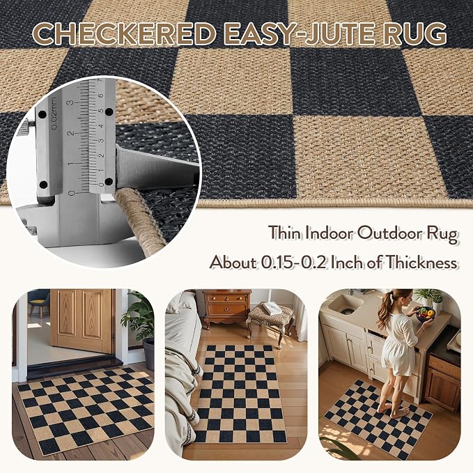 Lahome Checkered Easy Jute Front Door Mat, 2x3 Kitchen Outdoor Rug Washable | - Image 4