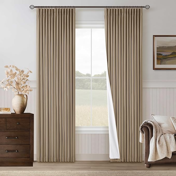 Light Brown Pinch Pleated 100% Blackout Linen Curtains 84 Inch Length 40x84 | by Twodrapes