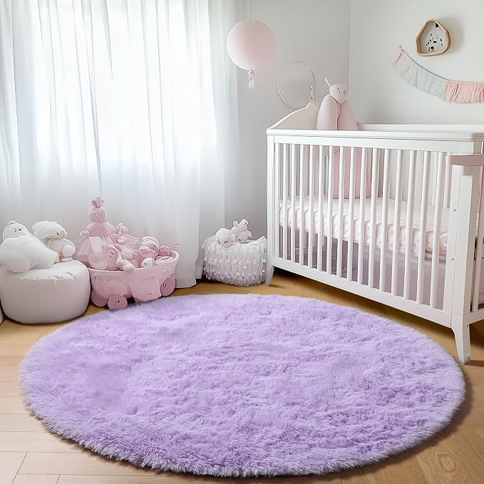 Light Purple Round Rug 4ft, Fluffy Soft Circle Area Rugs - Image 7