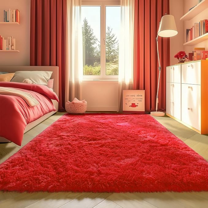 Red Rugs for Living Room Bedroom, 5x8 Fluffy Bedside Area Rug, Soft Plush - Image 5