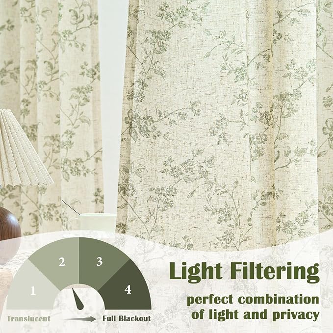 Green Vintage Floral Linen Curtains Farmhouse 50W X 84L 2 Panels | Elisa Series - Image 3