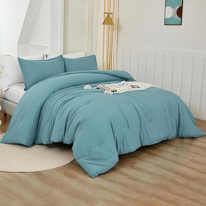 Litanika Grayish Teal Comforter Set California King Size, 3 Pieces Cal King Lightweight Solid Bedding Comforter Set, All Season Fluffy Bed Set (104x96In Comforter & 2 Pillowcases)