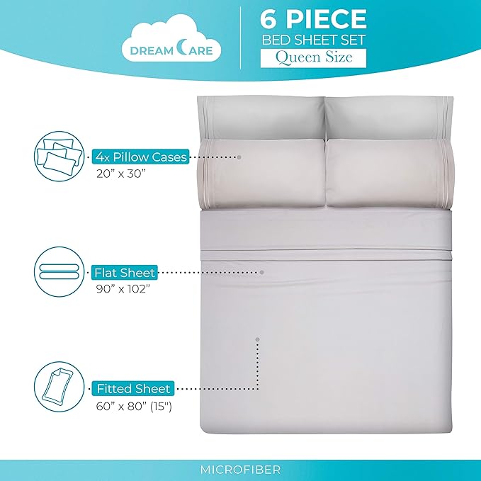 DREAMCARE Queen Sheet Set – 6 pcs Cooling Bed Sheets – up to 15” Deep Sheets Queen Size Bed Set – 2500 Supreme Collection – Extra Soft 100% Brushed Microfiber Hotel Luxury with Side Pocket – L Gray
