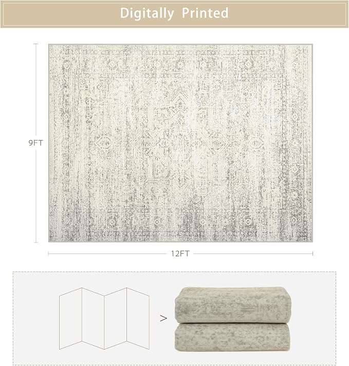 Washable Rugs 9x12 Area Rug for Living Room, Dining Room-Beige Green | Ultra - Image 2