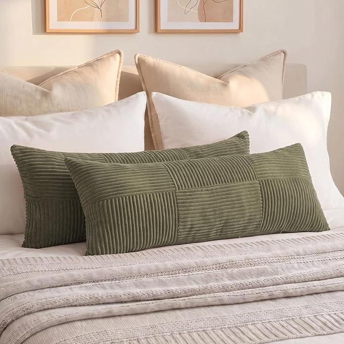 Fancy Homi Set of 2 Olive Green Boho Long Lumbar Body Decorative Throw Pillow by Fancy+Homi