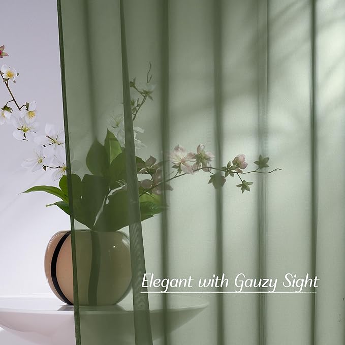 NICETOWN Forest Green Sheer Curtains 96inches Long for Living Room, Grommet Voile Sheer Light Filtering Window Treatments for Bedroom, Sage Green, W54 x L96, Set of 2