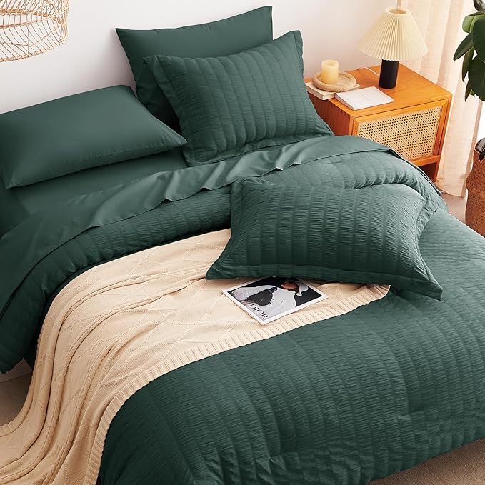 CozyLux Full Size Comforter Sets with Sheets Seersucker 7 Pieces Forest Green Bed in a Bag Textured Luxury Soft Bedding Set with Down Alternative Comforter, Sheets, Pillowcases & Shams for All Seasons