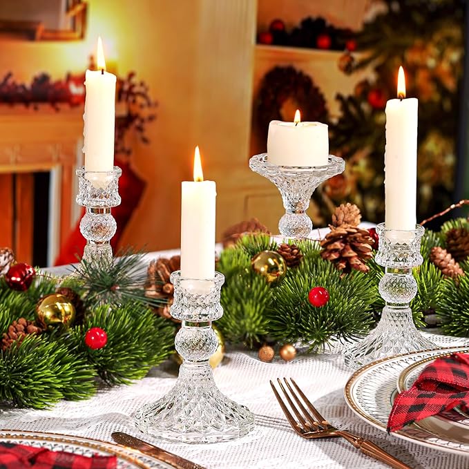 Glass Candle Holder Set of 6, Clear Candlestick Holder & Vintage Candlestick Holder, Taper Candle Holder for Table Centerpieces, Fall, Christmas, Autumn, Thanksgiving Decor