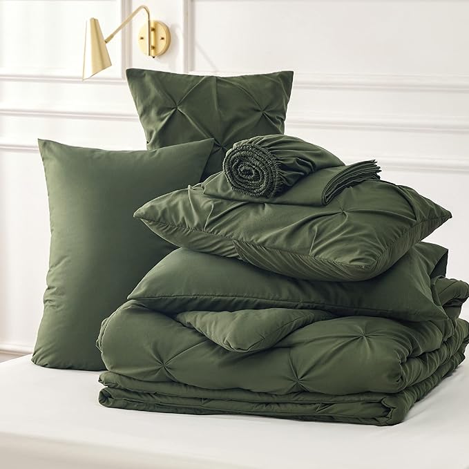Bedsure Twin XL Comforter Set - Extra Long 5 Pieces Dorm Bedding Sets, GentleSoft™ Pinch Pleat Olive Green Bed in a Bag with Pintuck Comforter, Sheets, Pillowcase & Sham