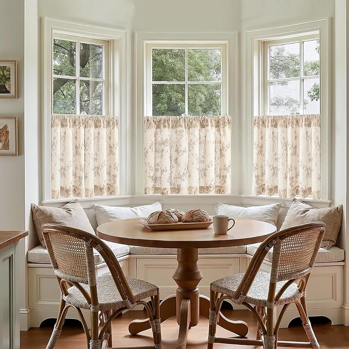 Taupe on Beige Linen Kitchen Curtains Rod Pocket 26W X 24L 2 Panels | Elisa - Image 3