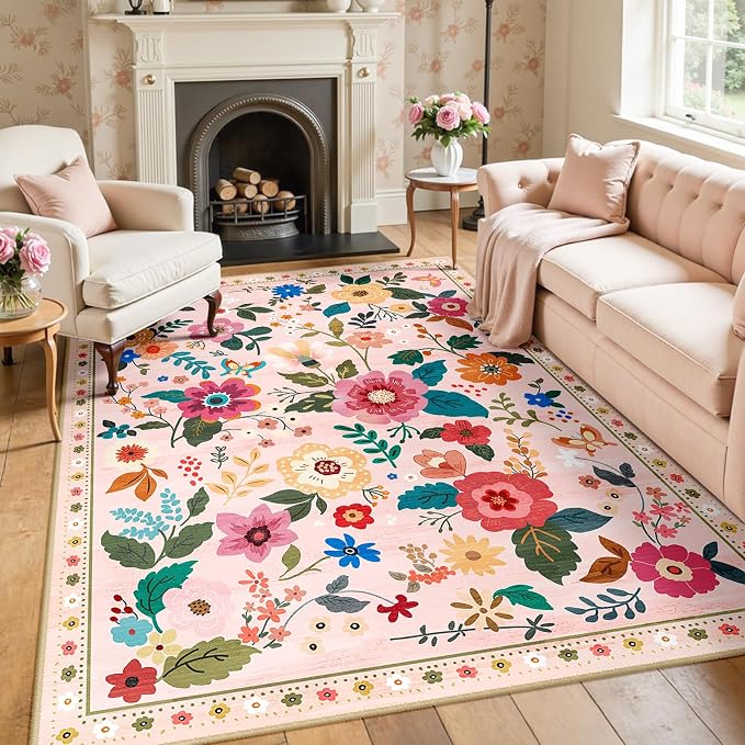 RELEANY Floral Washable 5x8 Area Rugs Pink | Flower Carpet Print Boho Cute Non - Image 8