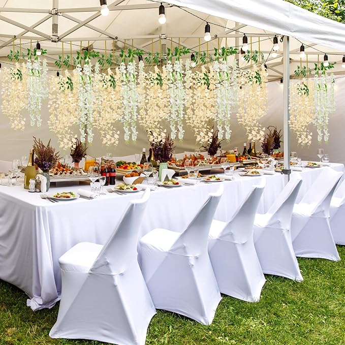 Giegxin 36 Pcs Artificial Wisteria Hanging Flowers 3.6 ft Artificial Fake Wisteria Vine Rattan Hanging Garland Silk Flowers String for Wall Home Wedding Party Greenery Decorations (Champagne,White)