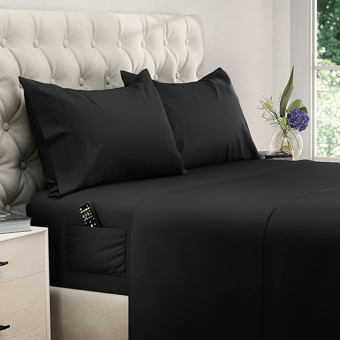 DREAMCARE California King Sheet Sets - Cooling Bed Sheets - 4pcs Set - up to 15" Deep Pocket Cal King Sheets - California King Sheets - Soft & Lasting 100% Brushed Polyester with Side Pocket - Black