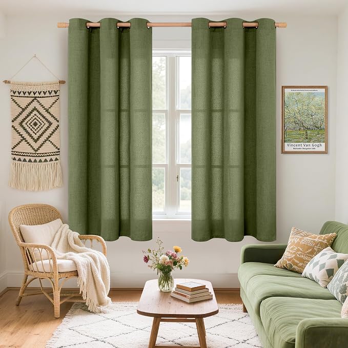 Olive Linen Semi Sheer Curtains 48 Inch Length 2 Panels Light Filtering | Dark - Image 2
