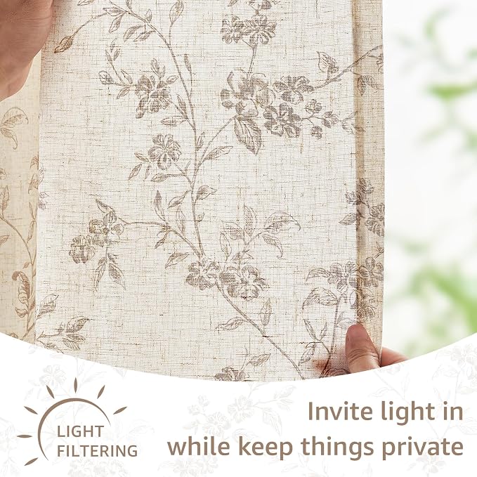 Taupe on Beige Linen Kitchen Curtains Rod Pocket 26W X 24L 2 Panels | Elisa - Image 6