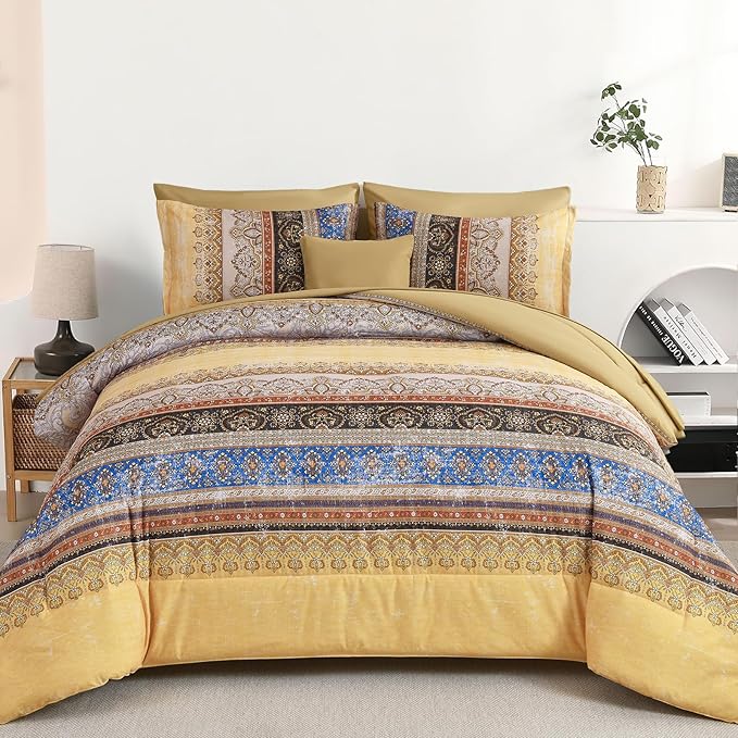 Boho Queen Comforter Set 8 Pieces, Yellow Bohemian Striped Bed in a Bag, Paisley Soft Microfiber Bedding Comforter Set
