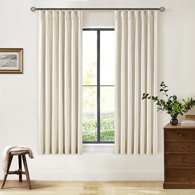 Cream Beige 63 Inch Length Blackout Pinch Pleated Linen Curtains - Image 7