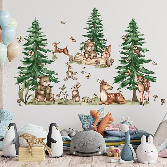 Jungle Animal Wall Stickers Forest Safari Wall Decals Kid Room Nursery Baby Bedroom Décor (Cedar Tree Animals)