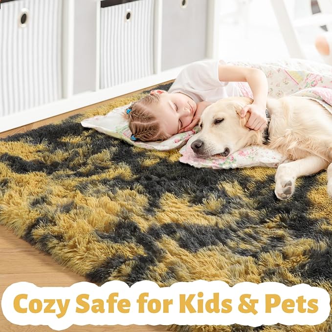 Amdrebio Black Gold Grey Fluffy Area Rug 5x7 - Image 4