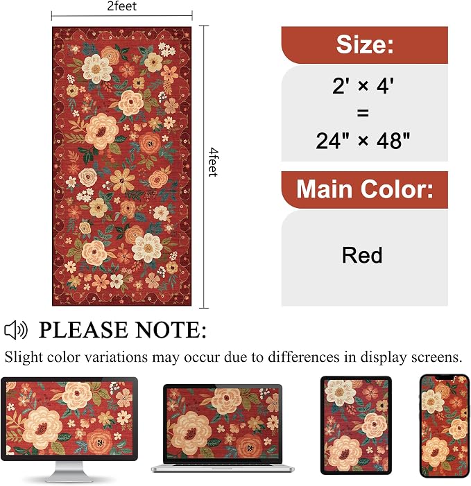 DUKINO 2x4 Entryway Rug, Floral Washable Kitchen Rugs Non Slip, Soft Indoor - Image 2