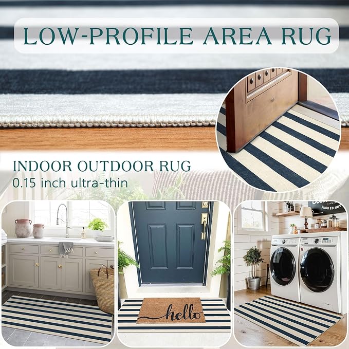 Front Door Mat Indoor Entrance, 2x4.3 Ft Blue and White Striped Rug | Washable - Image 5