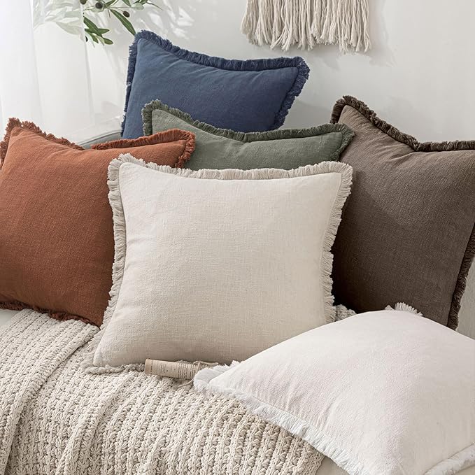 MIULEE Linen Fringe Decorative Fall Euro Throw Pillow Covers Coffee 24x24 | Set - Image 6