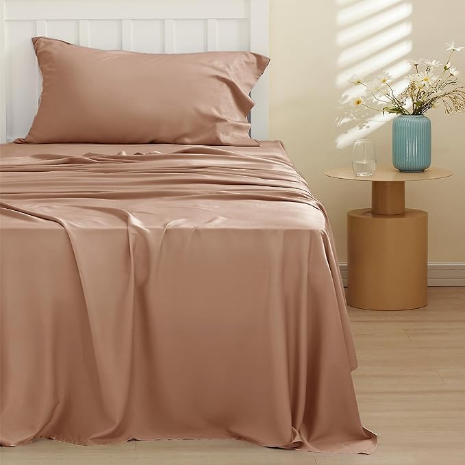 Bedsure Cooling Sheets Twin XL, Rayon Derived from Bamboo, Breathable & Soft Twin XL Sheet Sets, Deep Pocket Up to 16 Inches, Hotel Luxury Silky Dorm Bedding for Hot Sleepers, Khaki