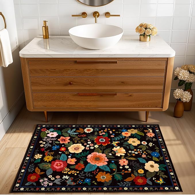 RELEANY Floral Washable 2x3 Area Rugs Doormat Black | Flower Carpet Print Boho - Image 2